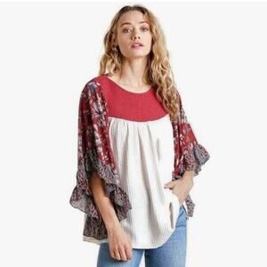 UMGEE • Floral + Animal Print Leopard Ruffle Butterfly Sleeves Waffle Knit Top